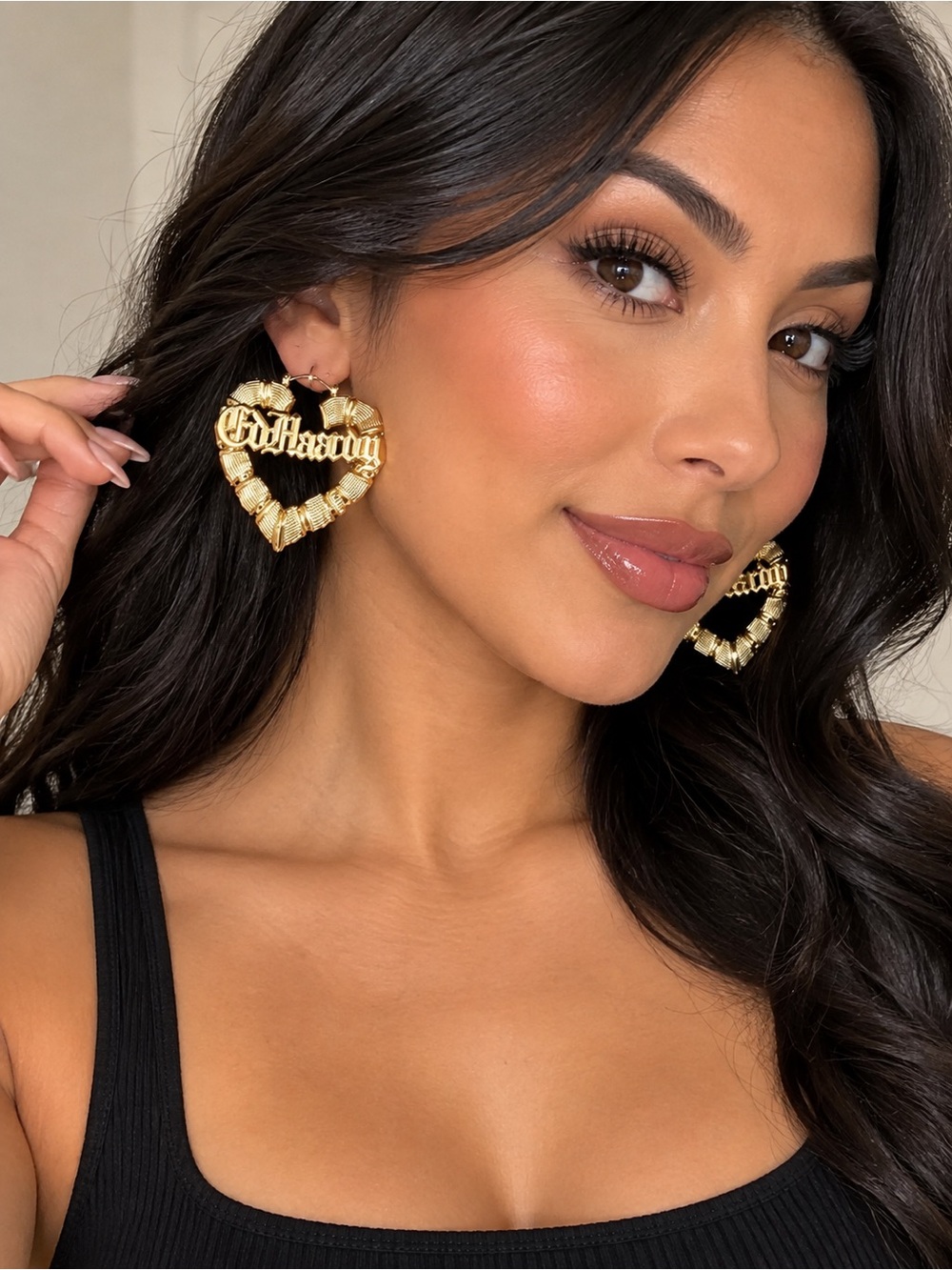 Ed Hardy Gold Heart Hoop Earrings with Script Nameplate